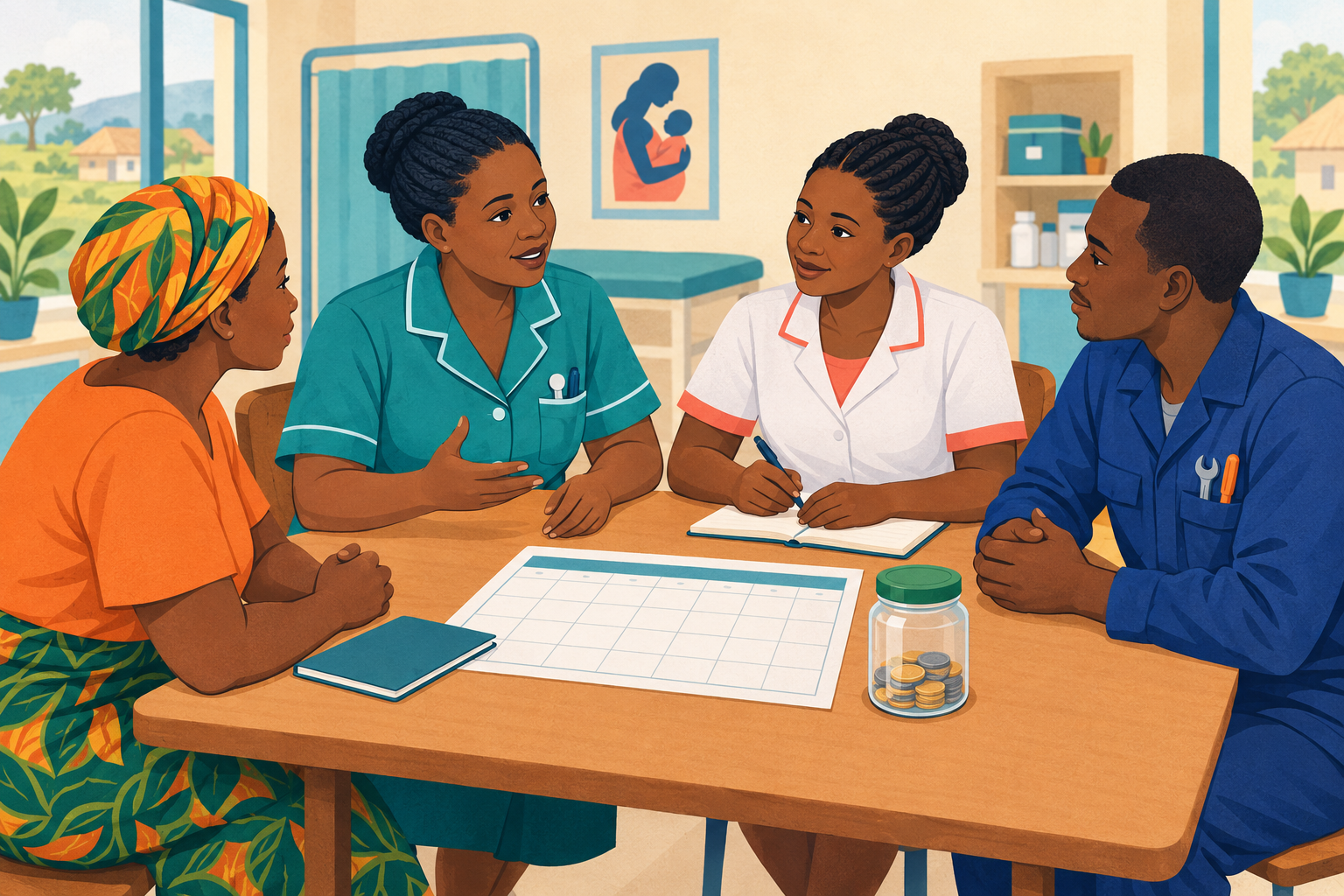 Health centre staff and maintenance technician working together
