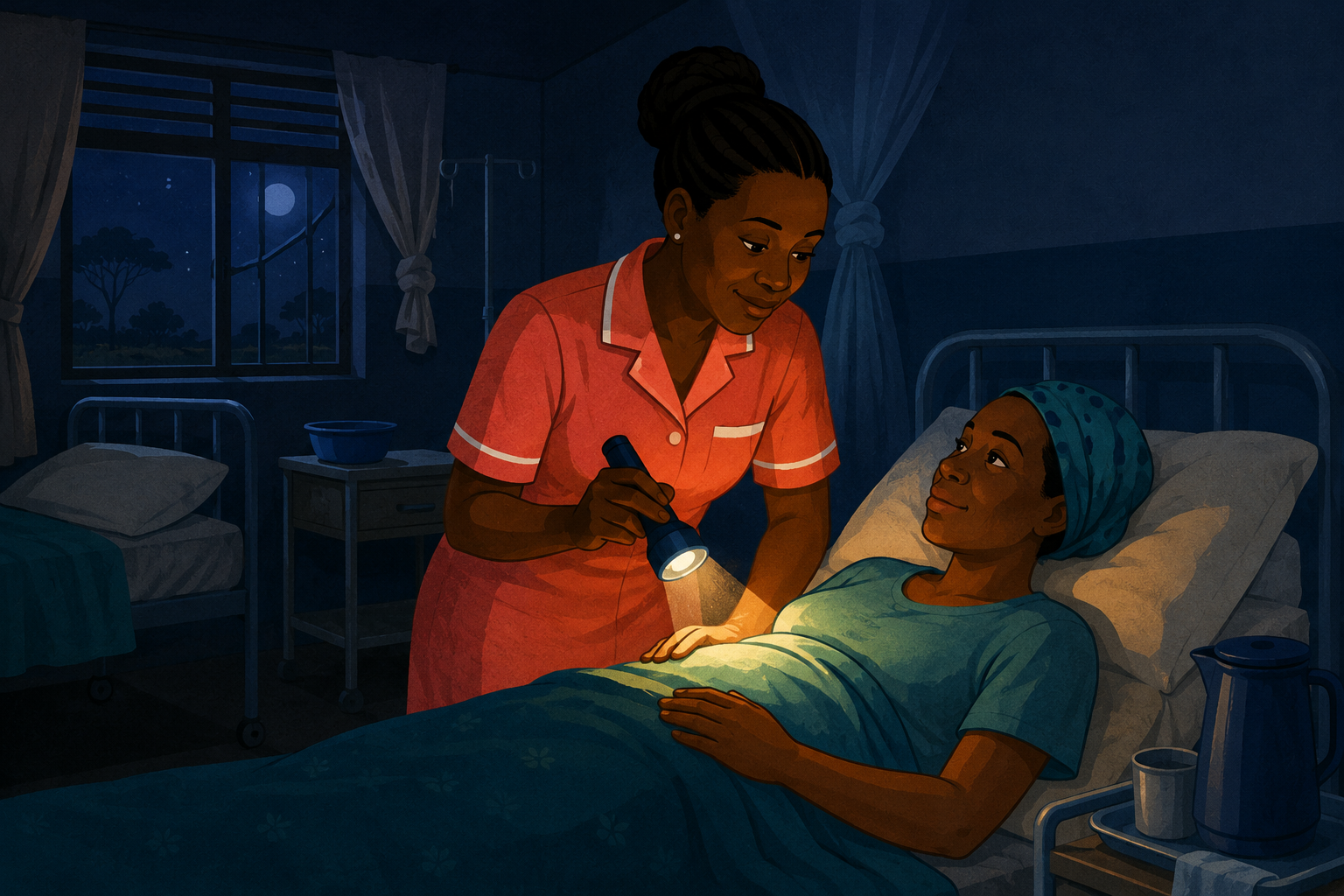 Illustrated maternity ward at night